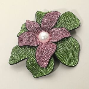 Pink Green Pearl Floral Pin Crystal Studded Brooch Rhinestones Flower Accessory